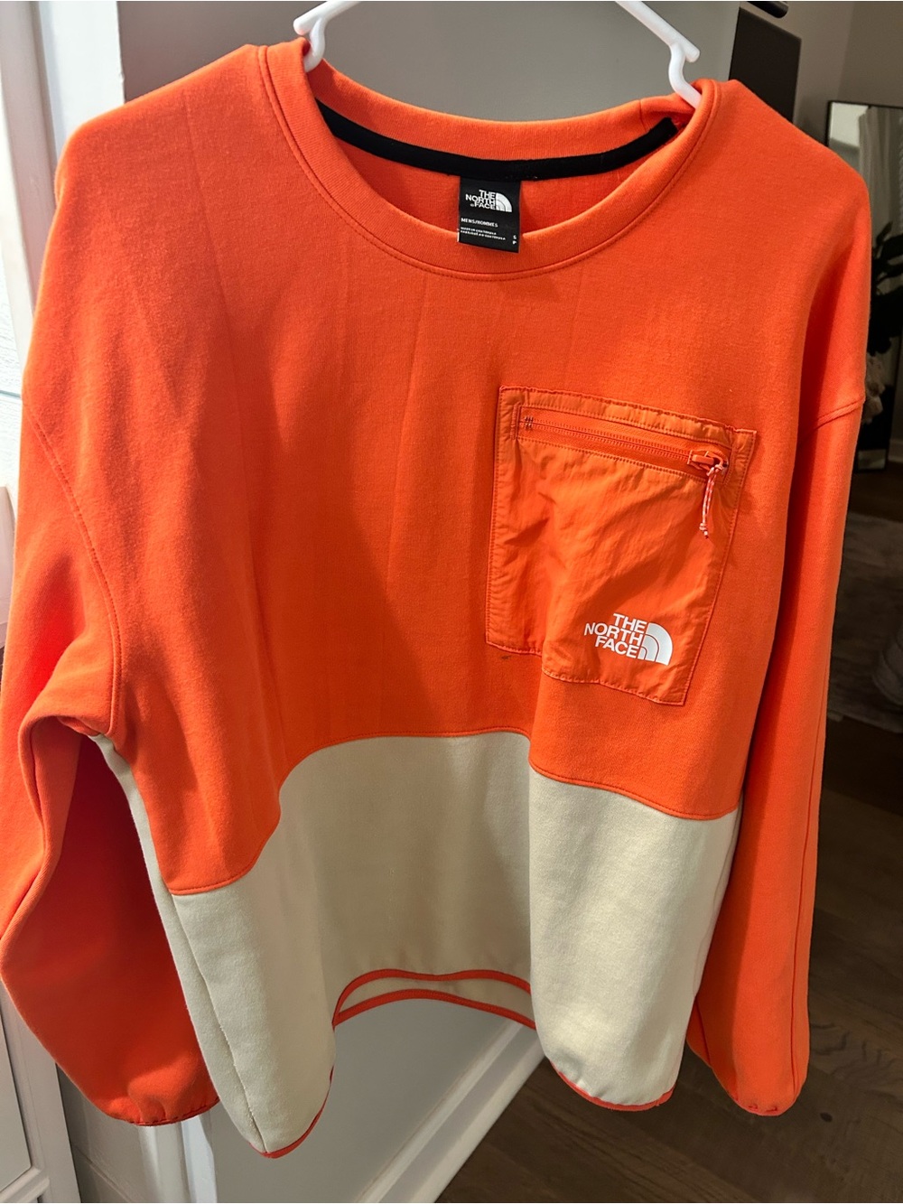 The North Face Men’s Bright Orange and Cream Two-Tone Crewneck Sweater